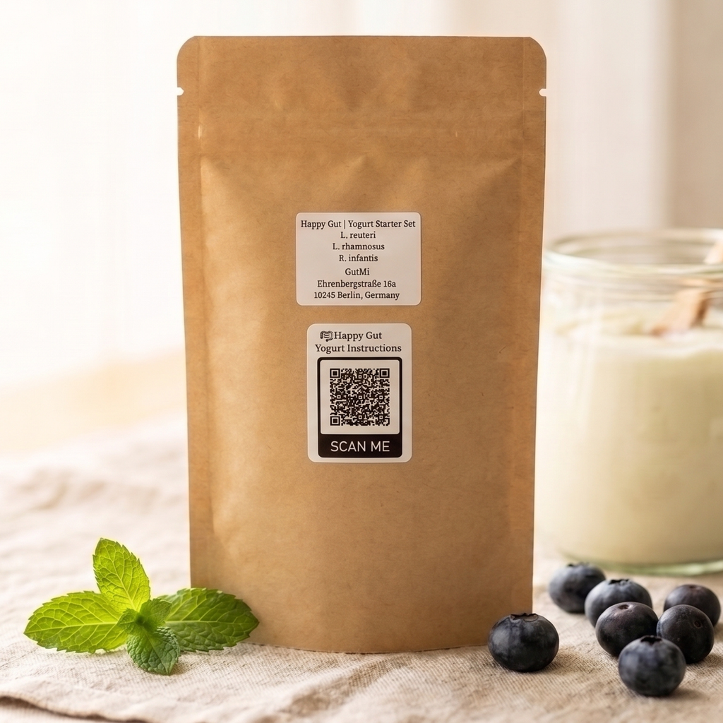 GutMi | L. reuteri + L. rhamnosus + B. infantis | Intestino saudável | Conjunto para iniciar iogurte | Culturas de arranque | 3 fermentos para iogurte